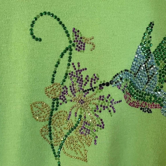 Aces Design Hummingbird Rhinestone Studded T Shirt Plus XXL Lime Green Knit Top - Picture 5 of 9